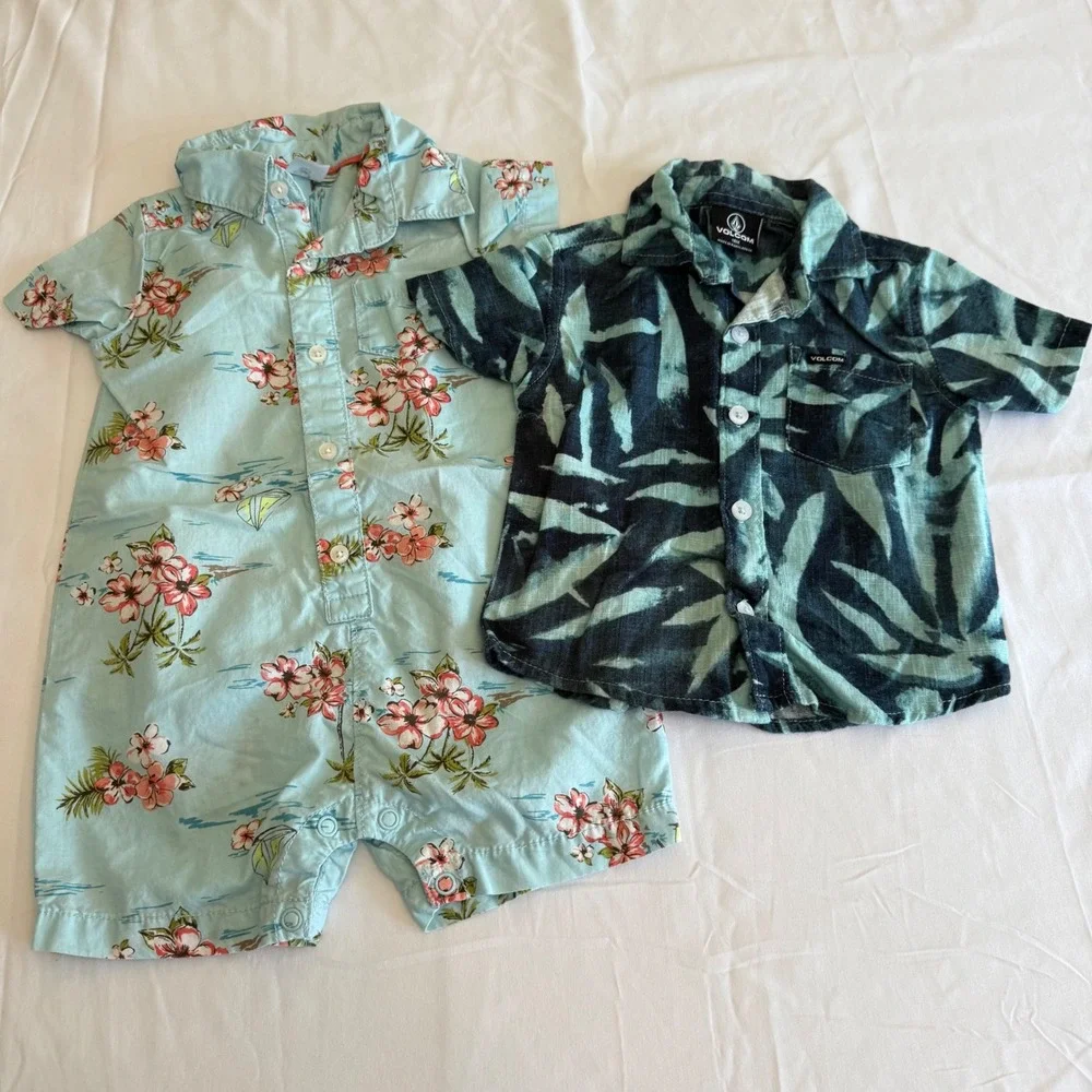 Carters Floral Romper & Volcom Leaf Print Button Down Shirt Bundle 18 Months
